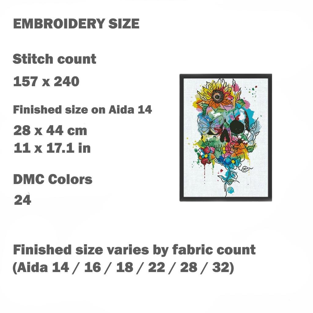 Floral Skull Cross Stitch Pattern PDF, Colorful Gothic Embroidery Design, Flower Skeleton Wall Art, Instant Download, Pattern Keeper - NuttyHappyHobby