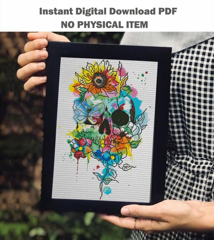 Floral Skull Cross Stitch Pattern PDF, Colorful Gothic Embroidery Design, Flower Skeleton Wall Art, Instant Download, Pattern Keeper - NuttyHappyHobby