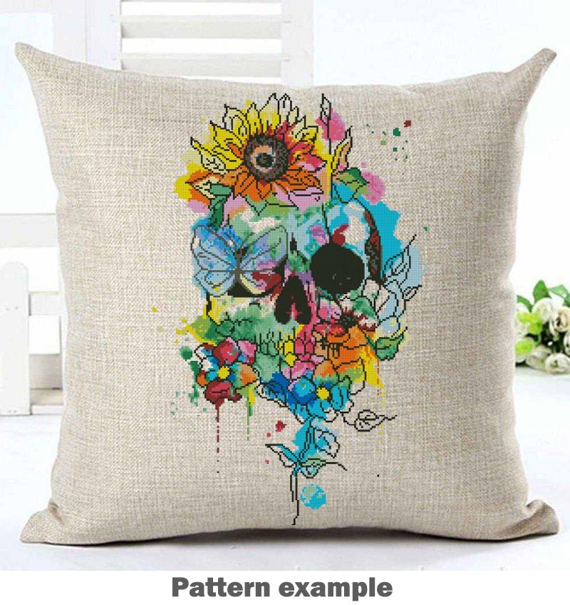 Floral Skull Cross Stitch Pattern PDF, Colorful Gothic Embroidery Design, Flower Skeleton Wall Art, Instant Download, Pattern Keeper - NuttyHappyHobby