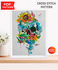 Floral Skull Cross Stitch Pattern PDF, Colorful Gothic Embroidery Design, Flower Skeleton Wall Art, Instant Download, Pattern Keeper - NuttyHappyHobby