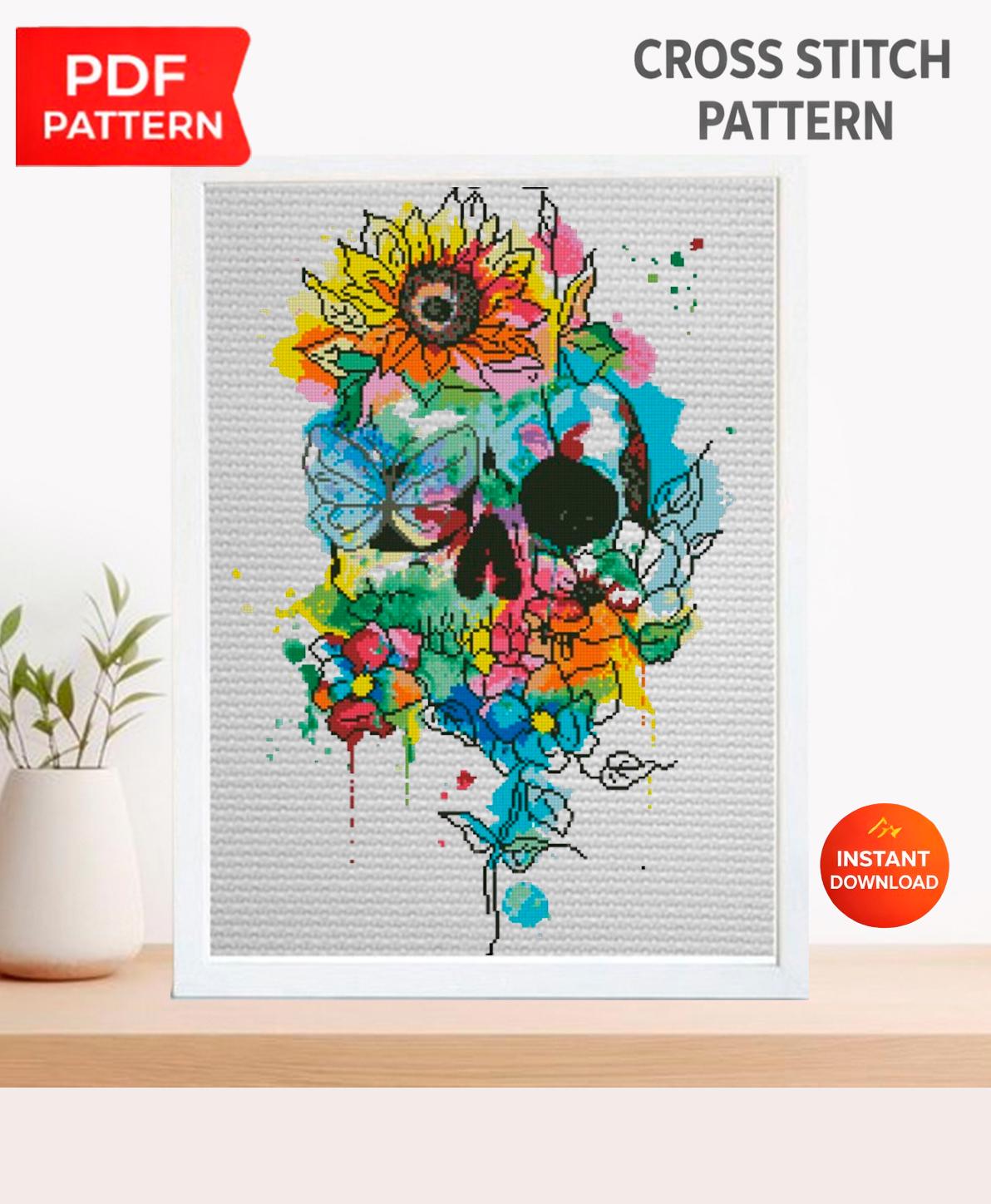 Floral Skull Cross Stitch Pattern PDF, Colorful Gothic Embroidery Design, Flower Skeleton Wall Art, Instant Download, Pattern Keeper - NuttyHappyHobby