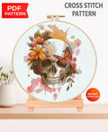 Floral Skull Cross Stitch Pattern PDF, Gothic Embroidery Design, Butterfly Skeleton Art, Dark Academia Decor, Instant Download - NuttyHappyHobby