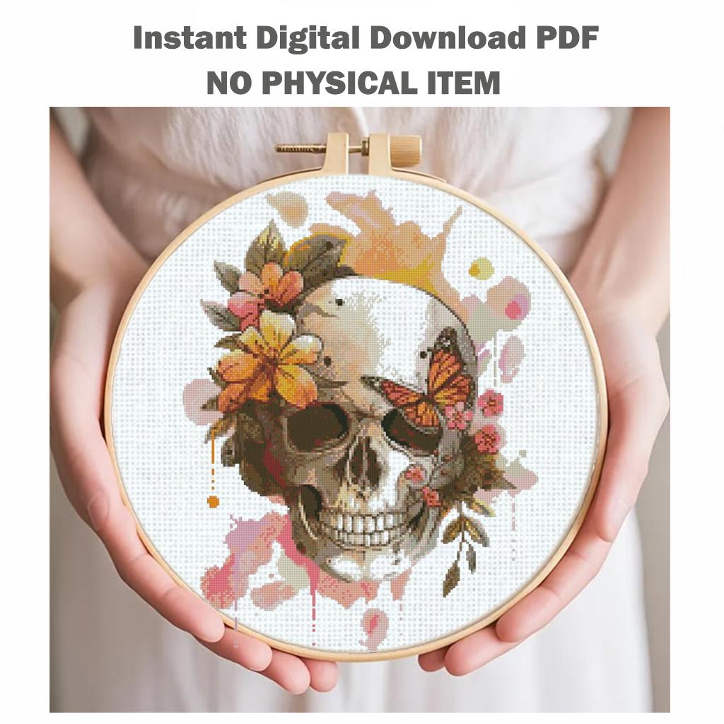 Floral Skull Cross Stitch Pattern PDF, Gothic Embroidery Design, Butterfly Skeleton Art, Dark Academia Decor, Instant Download - NuttyHappyHobby