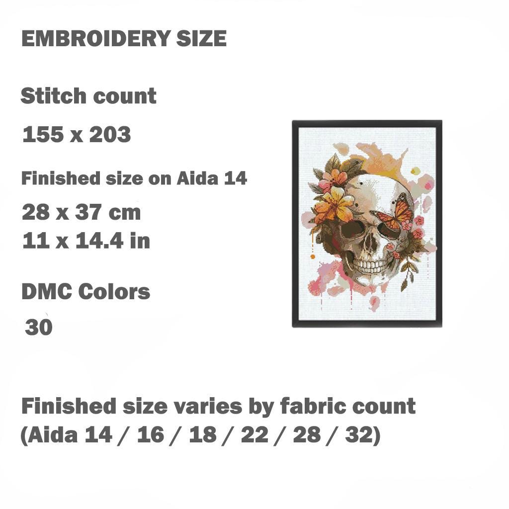 Floral Skull Cross Stitch Pattern PDF, Gothic Embroidery Design, Butterfly Skeleton Art, Dark Academia Decor, Instant Download - NuttyHappyHobby