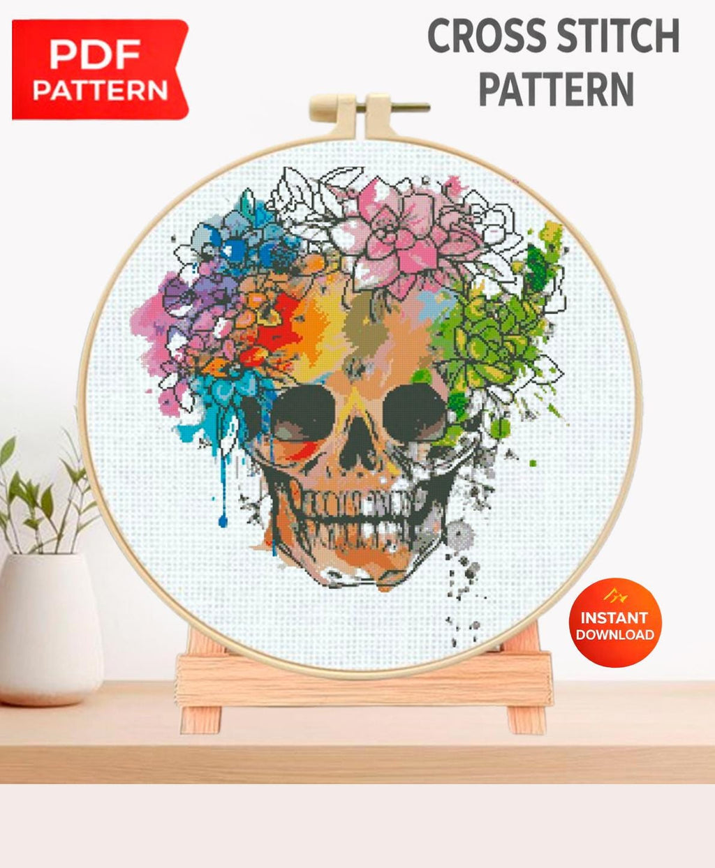 Floral Skull Cross Stitch Pattern PDF, Gothic Skeleton Embroidery Design with Flowers, Dark Academia Wall Art Instant Download - NuttyHappyHobby