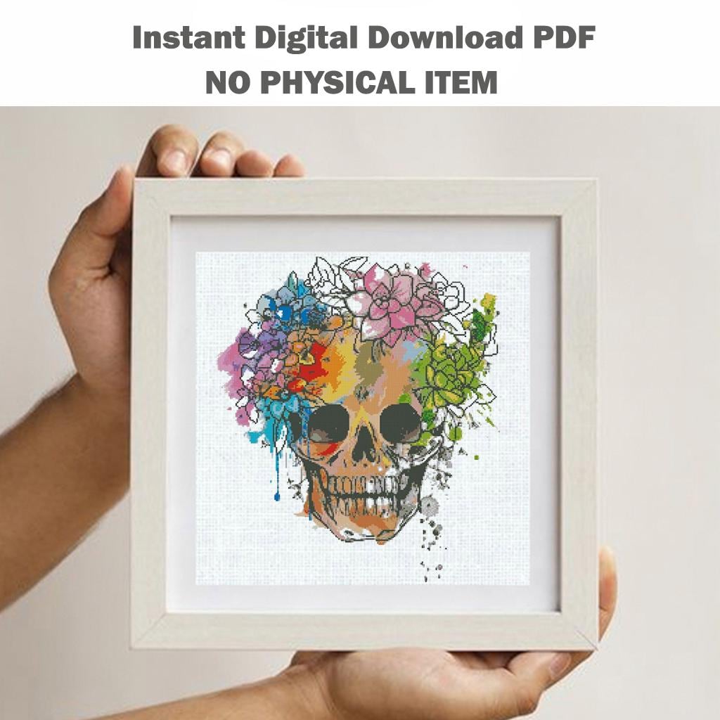 Floral Skull Cross Stitch Pattern PDF, Gothic Skeleton Embroidery Design with Flowers, Dark Academia Wall Art Instant Download - NuttyHappyHobby