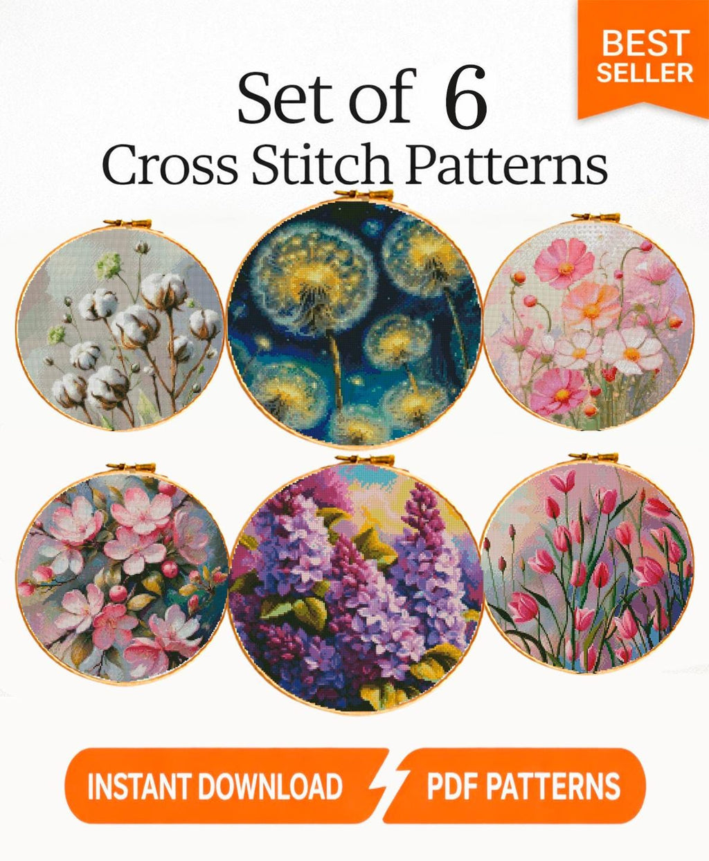 Flower Cross Stitch Pattern Set PDF, Botanical Floral Embroidery Charts, Round Hoop Flower Patterns Bundle, Instant Download Wall Art - NuttyHappyHobby