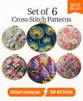 Flower Cross Stitch Pattern Set PDF, Botanical Floral Embroidery Charts, Round Hoop Flower Patterns Bundle, Instant Download Wall Art - NuttyHappyHobby