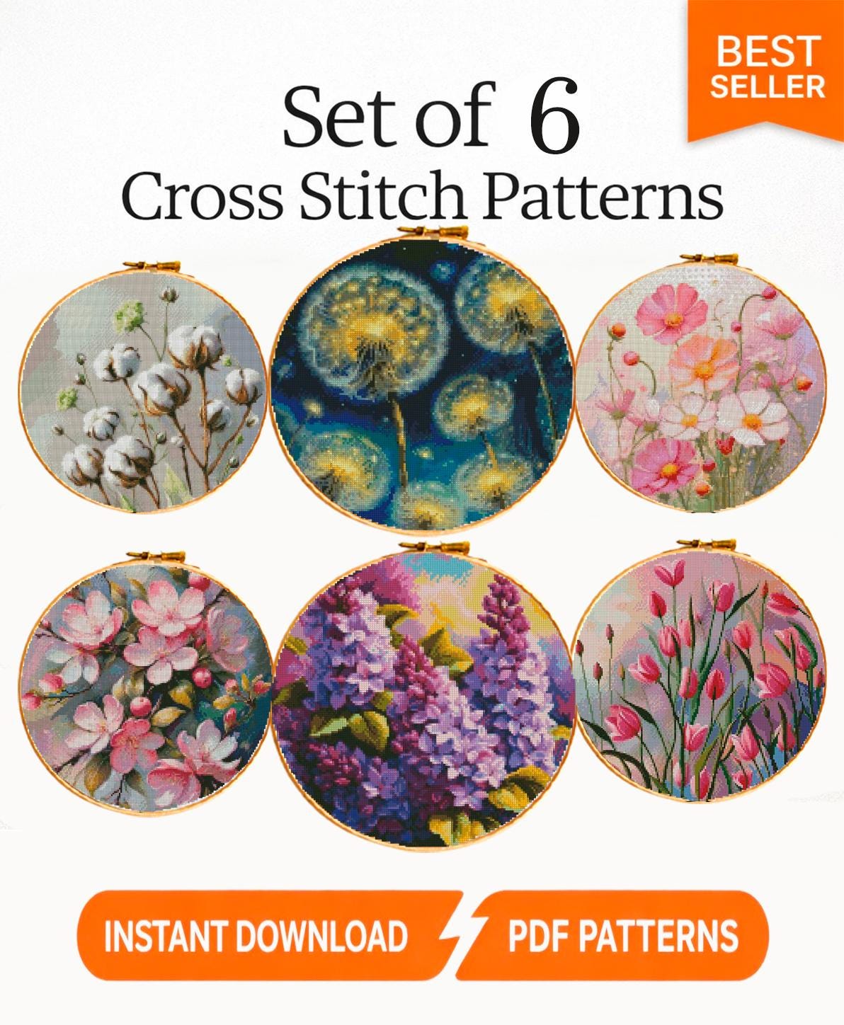Flower Cross Stitch Pattern Set PDF, Botanical Floral Embroidery Charts, Round Hoop Flower Patterns Bundle, Instant Download Wall Art - NuttyHappyHobby