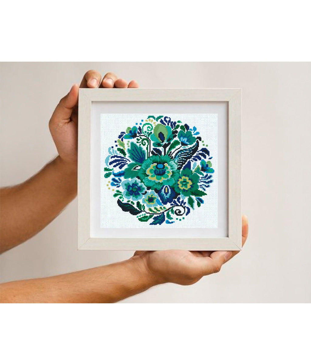 Folk Floral Cross Stitch Pattern PDF, Blue Green Botanical Flowers, Round Hoop Modern Embroidery Chart, Instant Download Needlepoint - NuttyHappyHobby