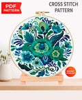 Folk Floral Cross Stitch Pattern PDF, Blue Green Botanical Flowers, Round Hoop Modern Embroidery Chart, Instant Download Needlepoint - NuttyHappyHobby