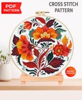 Folk Floral Cross Stitch Pattern PDF, Traditional Folk Art Flower Embroidery Chart, Slavic Style Hoop Wall Art, Scandinavian patterns - NuttyHappyHobby