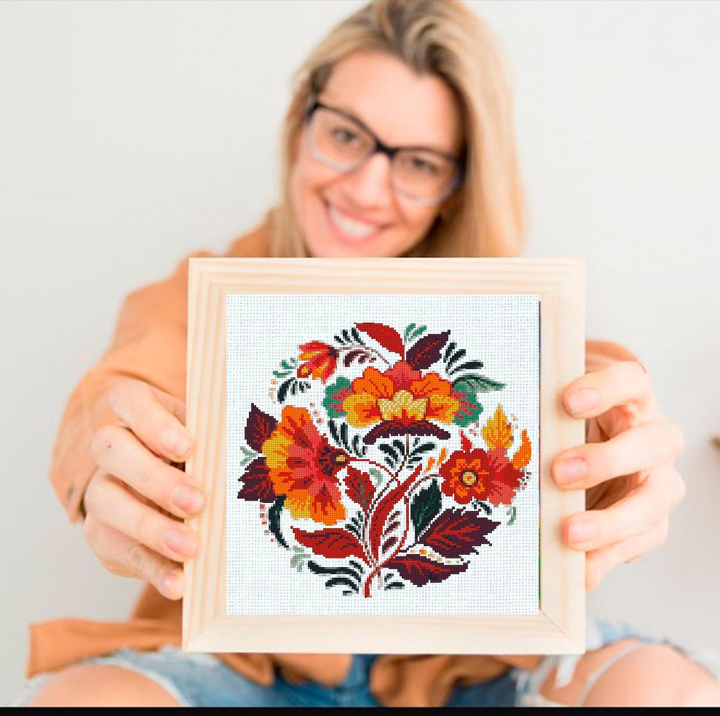 Folk Floral Cross Stitch Pattern PDF, Traditional Folk Art Flower Embroidery Chart, Slavic Style Hoop Wall Art, Scandinavian patterns - NuttyHappyHobby