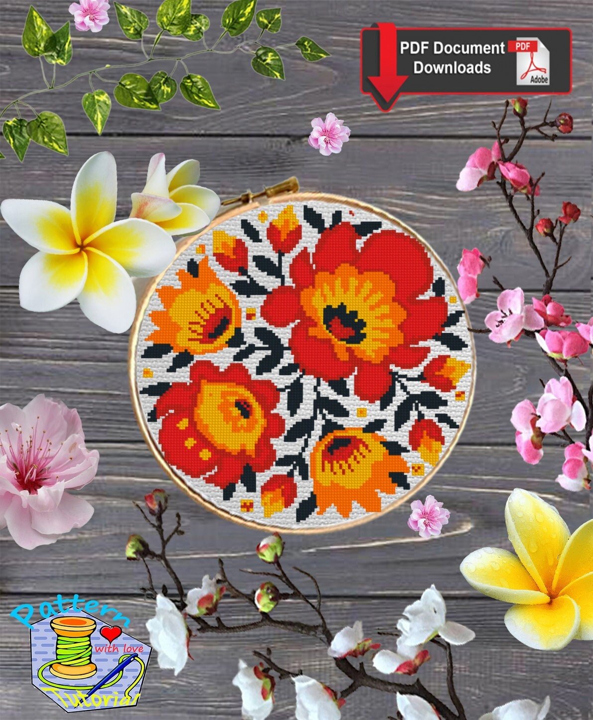 Folk Floral Cross Stitch Pattern PDF, Ukrainian Style Flower Embroidery Design, Bright Floral Cross Stitch Chart, Folk Art Needlework - NuttyHappyHobby