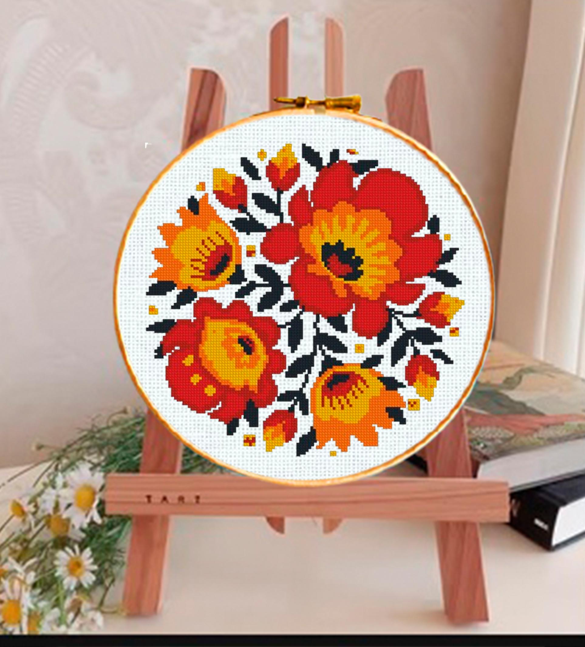Folk Floral Cross Stitch Pattern PDF, Ukrainian Style Flower Embroidery Design, Bright Floral Cross Stitch Chart, Folk Art Needlework - NuttyHappyHobby