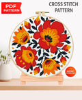 Folk Floral Cross Stitch Pattern PDF, Ukrainian Style Flower Embroidery Design, Bright Floral Cross Stitch Chart, Folk Art Needlework - NuttyHappyHobby