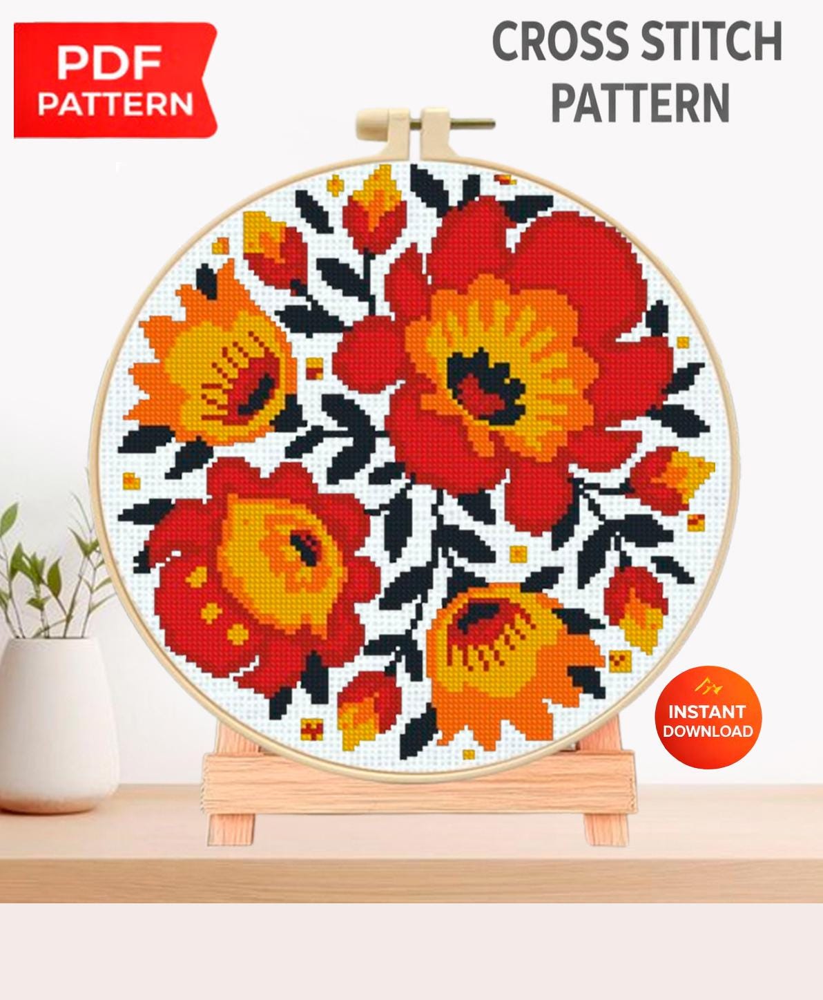 Folk Floral Cross Stitch Pattern PDF, Ukrainian Style Flower Embroidery Design, Bright Floral Cross Stitch Chart, Folk Art Needlework - NuttyHappyHobby