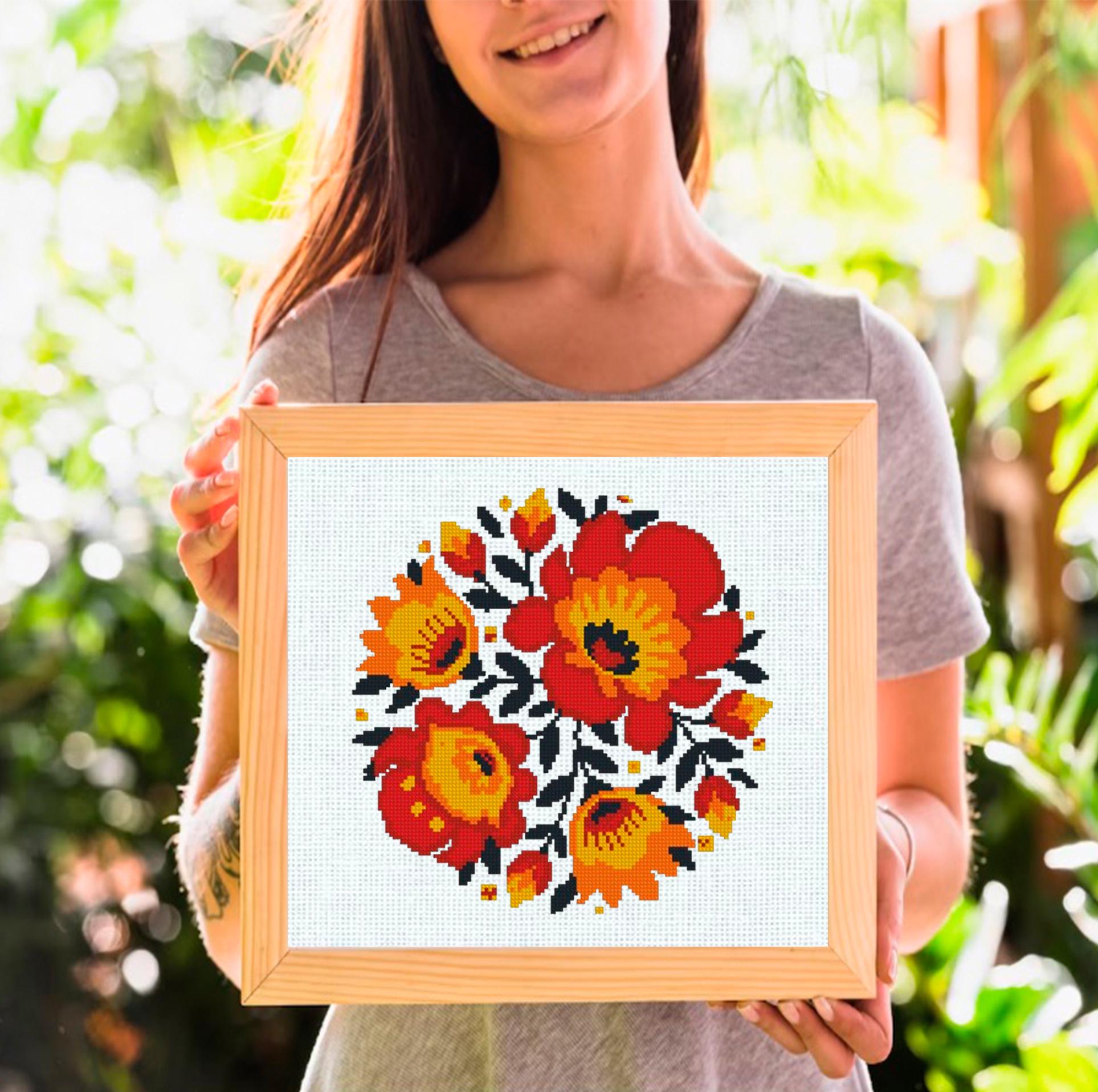 Folk Floral Cross Stitch Pattern PDF, Ukrainian Style Flower Embroidery Design, Bright Floral Cross Stitch Chart, Folk Art Needlework - NuttyHappyHobby