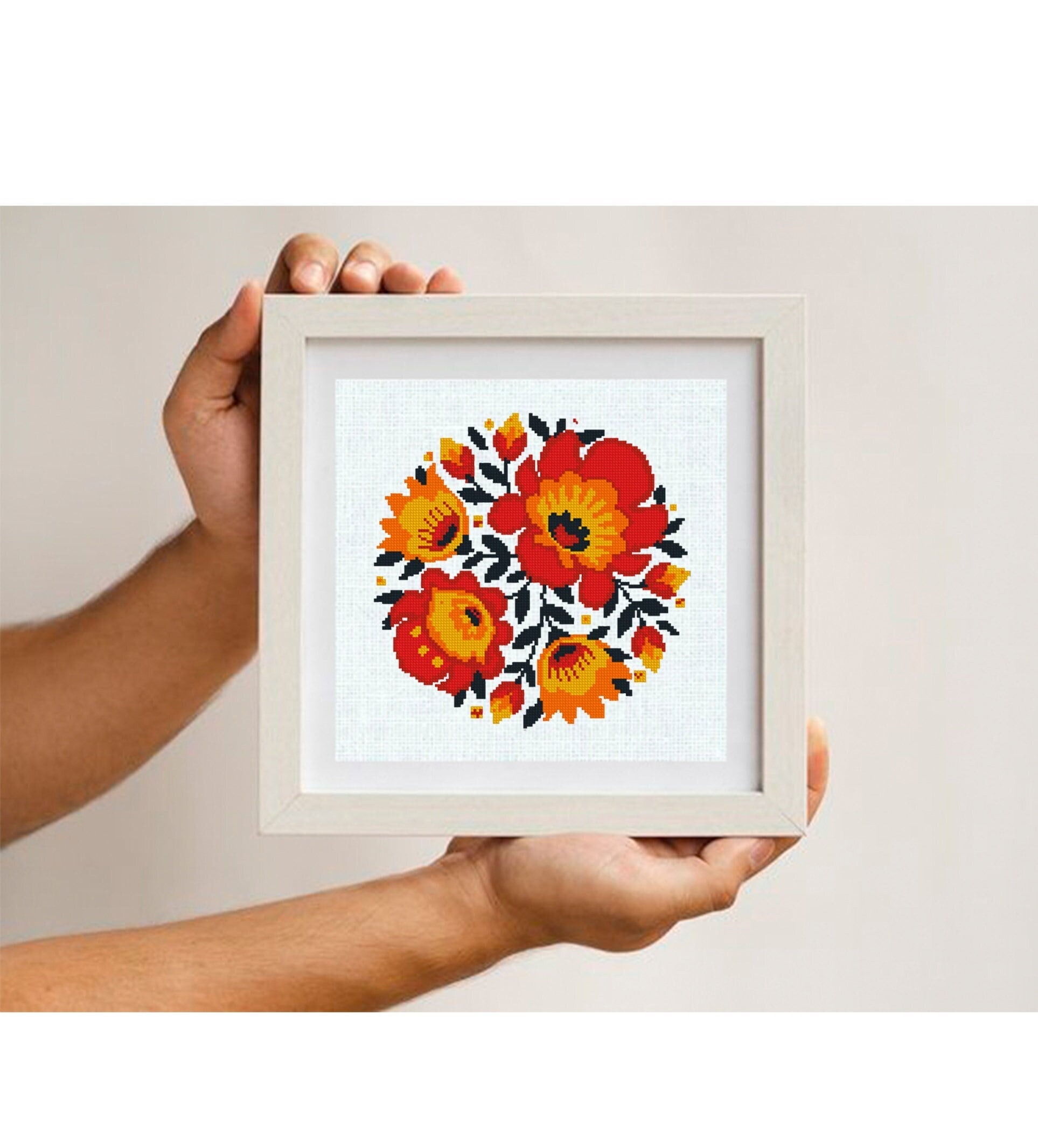 Folk Floral Cross Stitch Pattern PDF, Ukrainian Style Flower Embroidery Design, Bright Floral Cross Stitch Chart, Folk Art Needlework - NuttyHappyHobby