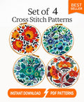 Folk Floral Cross Stitch Pattern Set PDF, Slavic Style Flowers Collection, 4 Round Hoop Embroidery Charts, Modern Botanical Wall Art - NuttyHappyHobby
