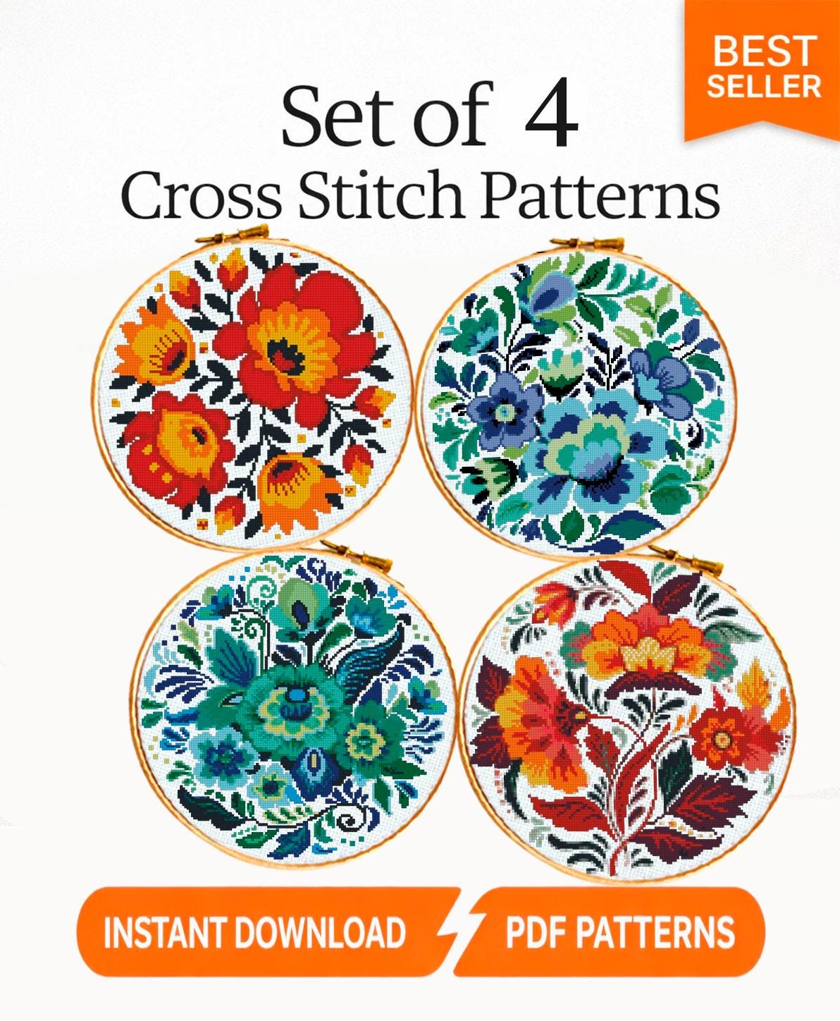Folk Floral Cross Stitch Pattern Set PDF, Slavic Style Flowers Collection, 4 Round Hoop Embroidery Charts, Modern Botanical Wall Art - NuttyHappyHobby
