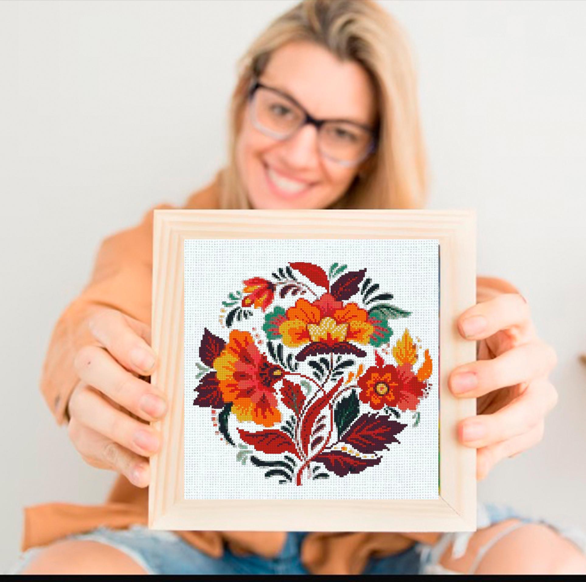 Folk Floral Cross Stitch Pattern Set PDF, Slavic Style Flowers Collection, 4 Round Hoop Embroidery Charts, Modern Botanical Wall Art - NuttyHappyHobby