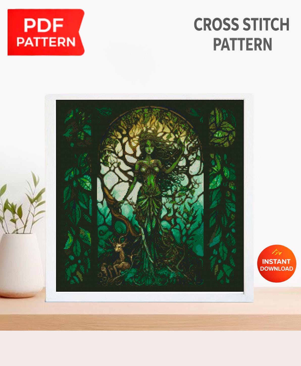 Forest Goddess Cross Stitch Pattern PDF, Tree Spirit Fantasy Embroidery Design, Magical Nature Woman Cross Stitch Digital Download pdf - NuttyHappyHobby