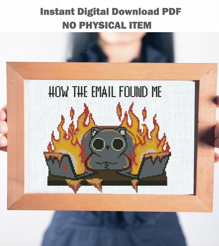 Funny Cat Cross Stitch Pattern PDF, How The Email Found Me Meme Embroidery, Cute Black Cat Counted Cross Stitch, Funny quote for office home - NuttyHappyHobby