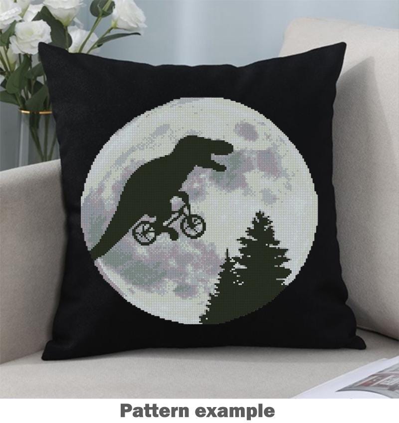 Funny T - Rex Dinosaur Cross Stitch Pattern PDF, Moon Silhouette Bicycle Embroidery Design, Retro Movie Inspired Prehistoric Wall Art download - NuttyHappyHobby