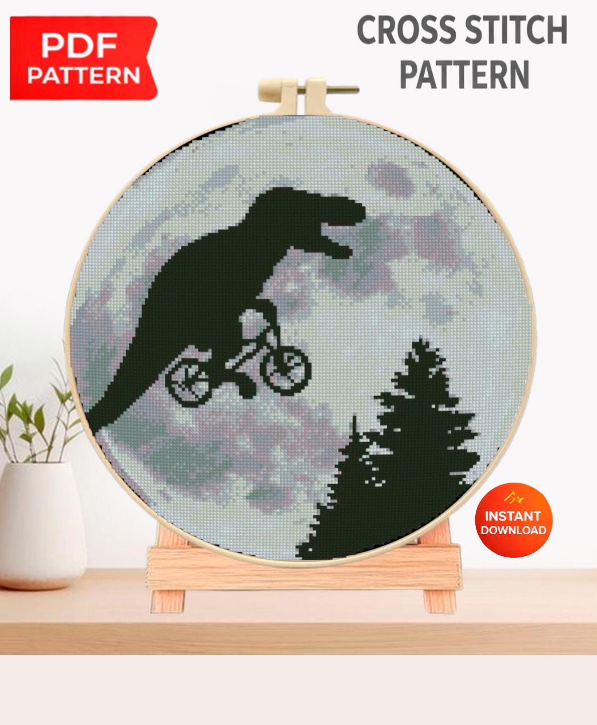 Funny T - Rex Dinosaur Cross Stitch Pattern PDF, Moon Silhouette Bicycle Embroidery Design, Retro Movie Inspired Prehistoric Wall Art download - NuttyHappyHobby