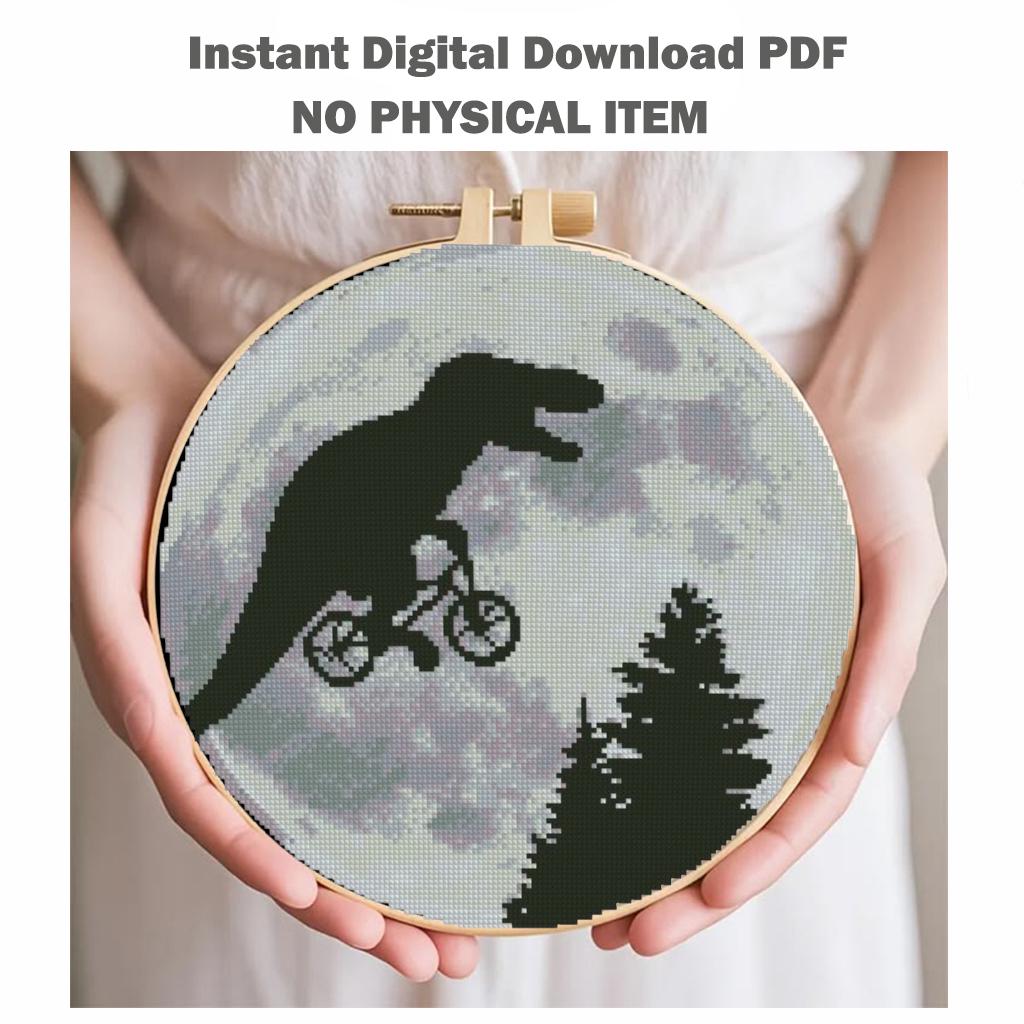 Funny T - Rex Dinosaur Cross Stitch Pattern PDF, Moon Silhouette Bicycle Embroidery Design, Retro Movie Inspired Prehistoric Wall Art download - NuttyHappyHobby