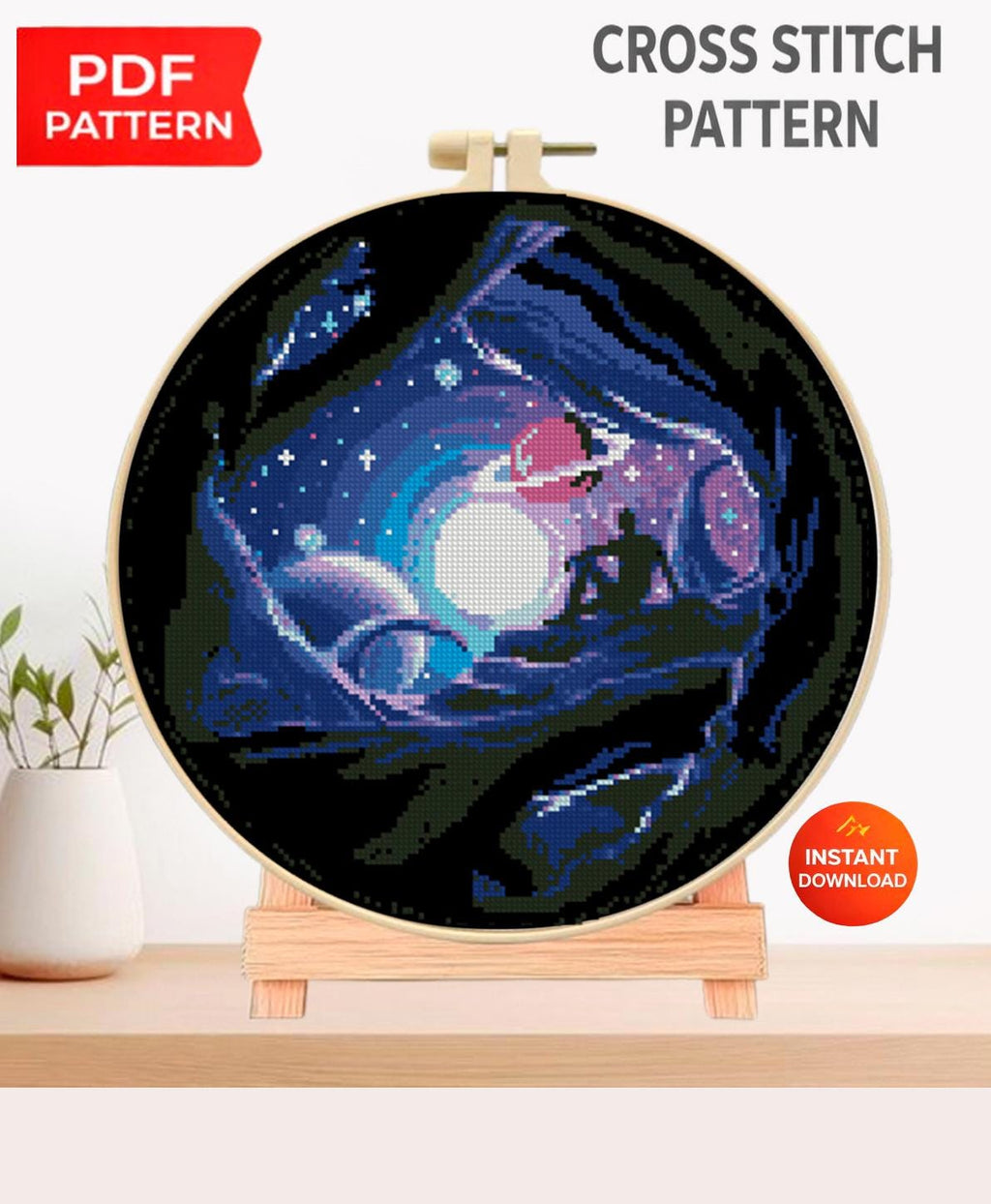 Galaxy Cross Stitch Pattern PDF, Fantasy Space Embroidery Design, Moon Night Landscape Cross Stitch Chart, Cosmic Needlework, Download PDF - NuttyHappyHobby