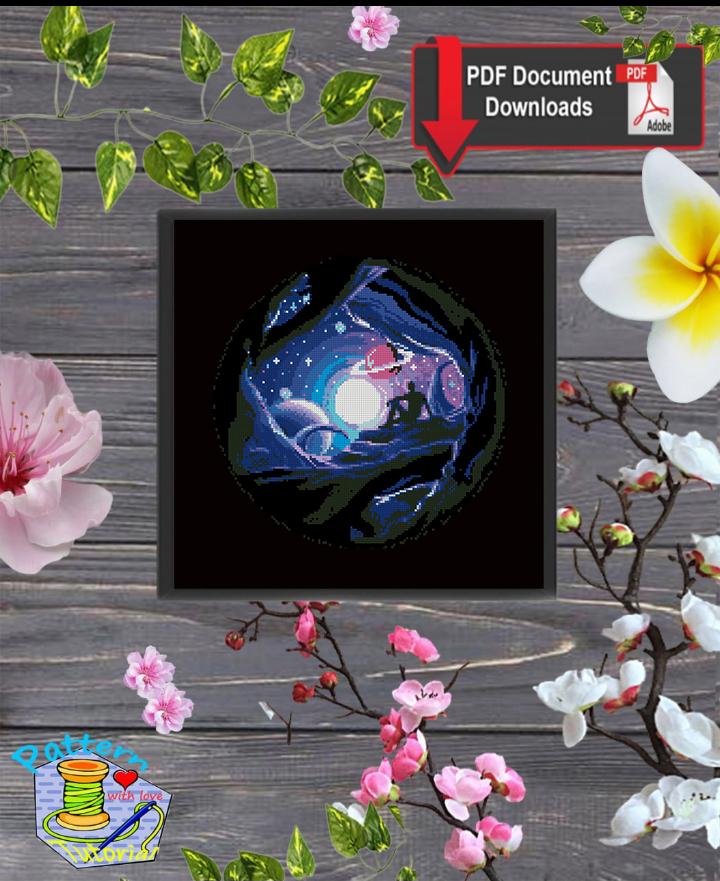 Galaxy Cross Stitch Pattern PDF, Fantasy Space Embroidery Design, Moon Night Landscape Cross Stitch Chart, Cosmic Needlework, Download PDF - NuttyHappyHobby