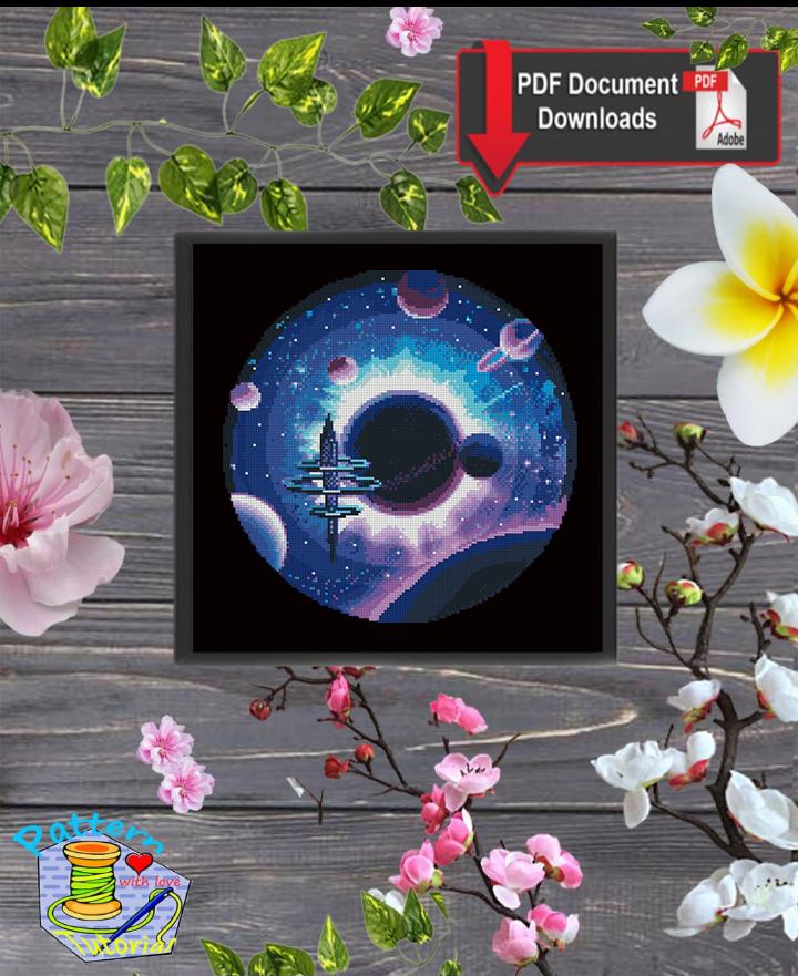 Galaxy Cross Stitch Pattern PDF, Space Station Embroidery Design, Planet Cosmic Cross Stitch Chart, Sci - Fi Needlework, Instant Download pdf - NuttyHappyHobby