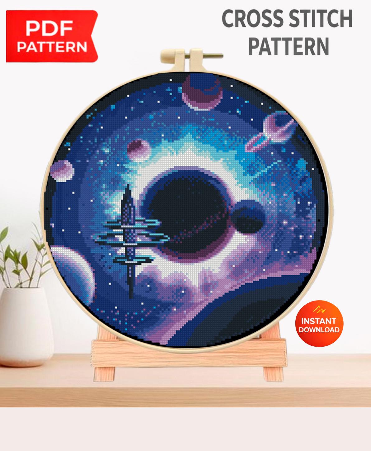 Galaxy Cross Stitch Pattern PDF, Space Station Embroidery Design, Planet Cosmic Cross Stitch Chart, Sci - Fi Needlework, Instant Download pdf - NuttyHappyHobby