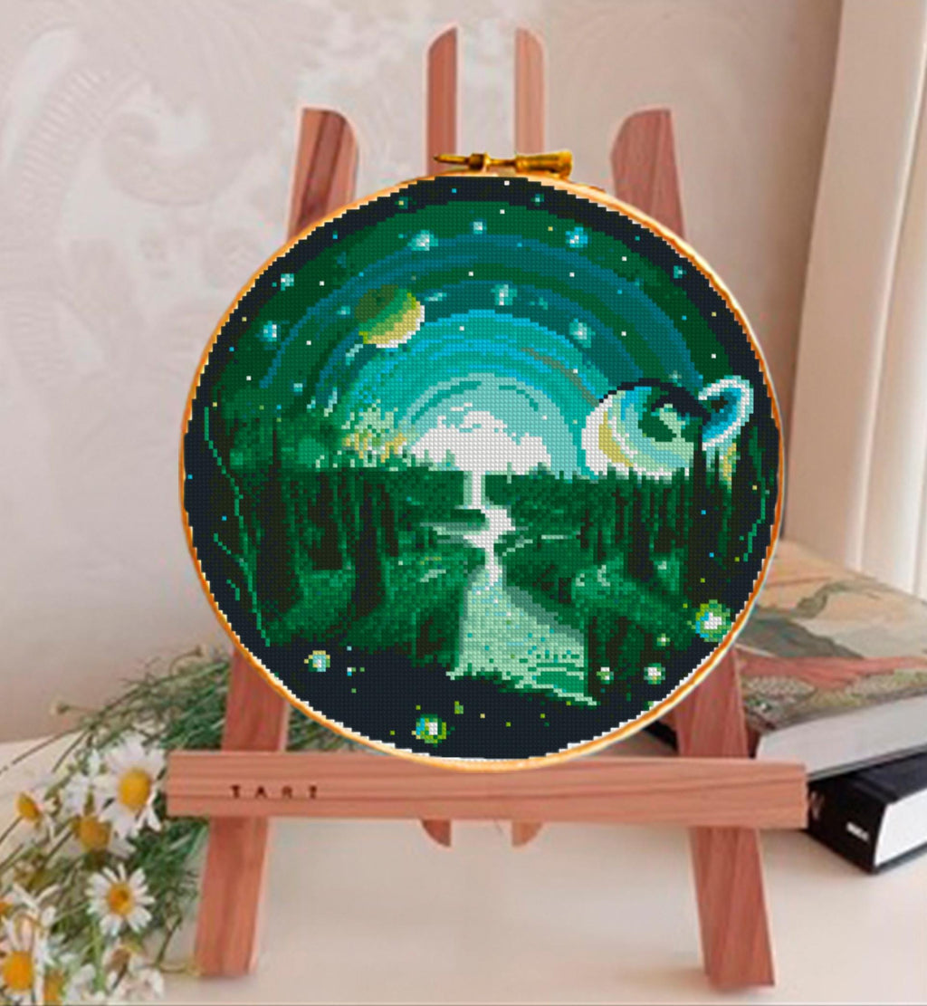 Galaxy Landscape Cross Stitch Pattern PDF, Fantasy Space River Embroidery Design, Cosmic Night Sky Cross Stitch Chart, Download PDF - NuttyHappyHobby
