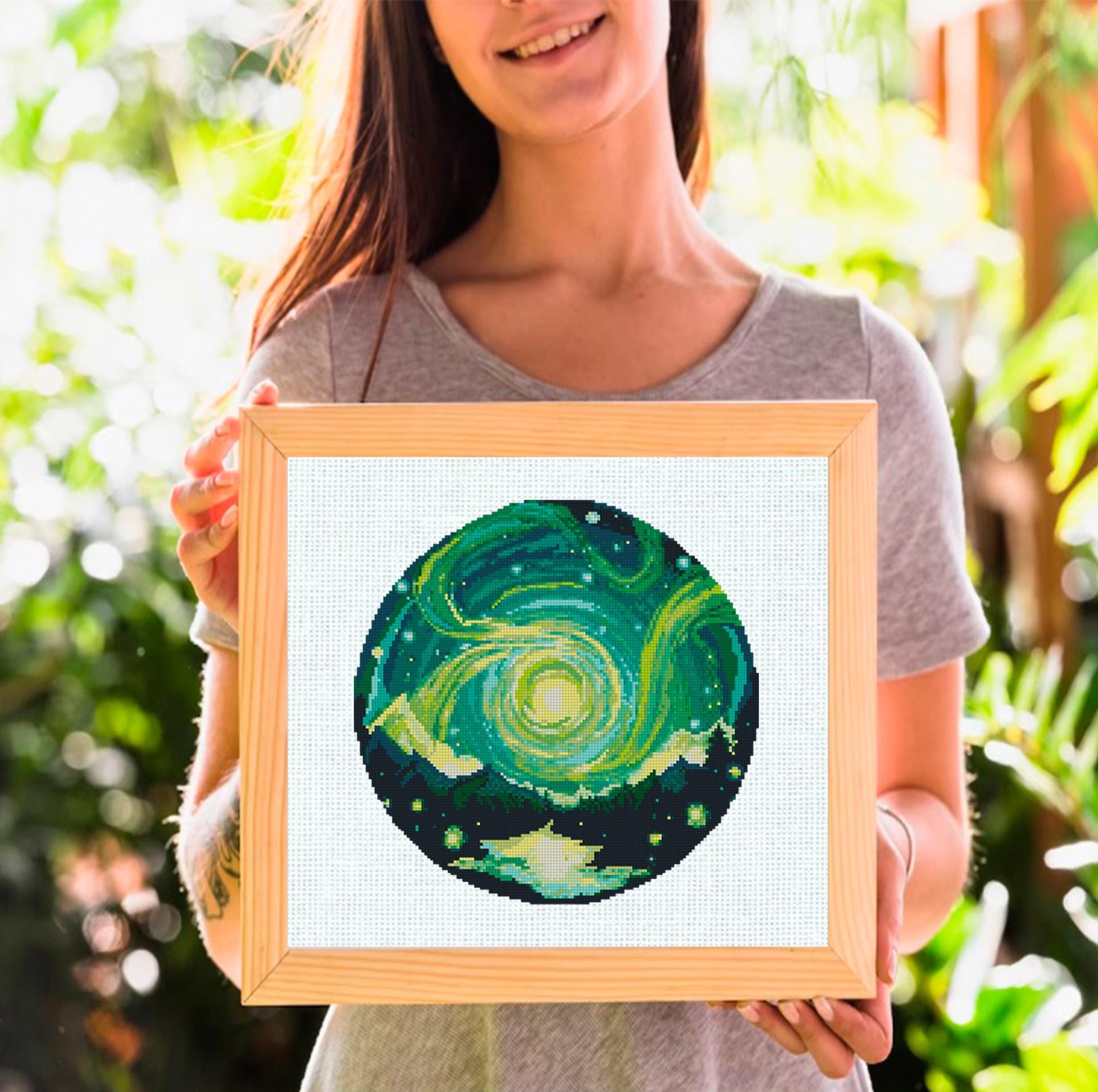 Galaxy Night Sky Cross Stitch Pattern PDF, Cosmic Mountain Landscape Embroidery Design, Celestial Hoop Art Modern Cross Stitch, Download PDF - NuttyHappyHobby