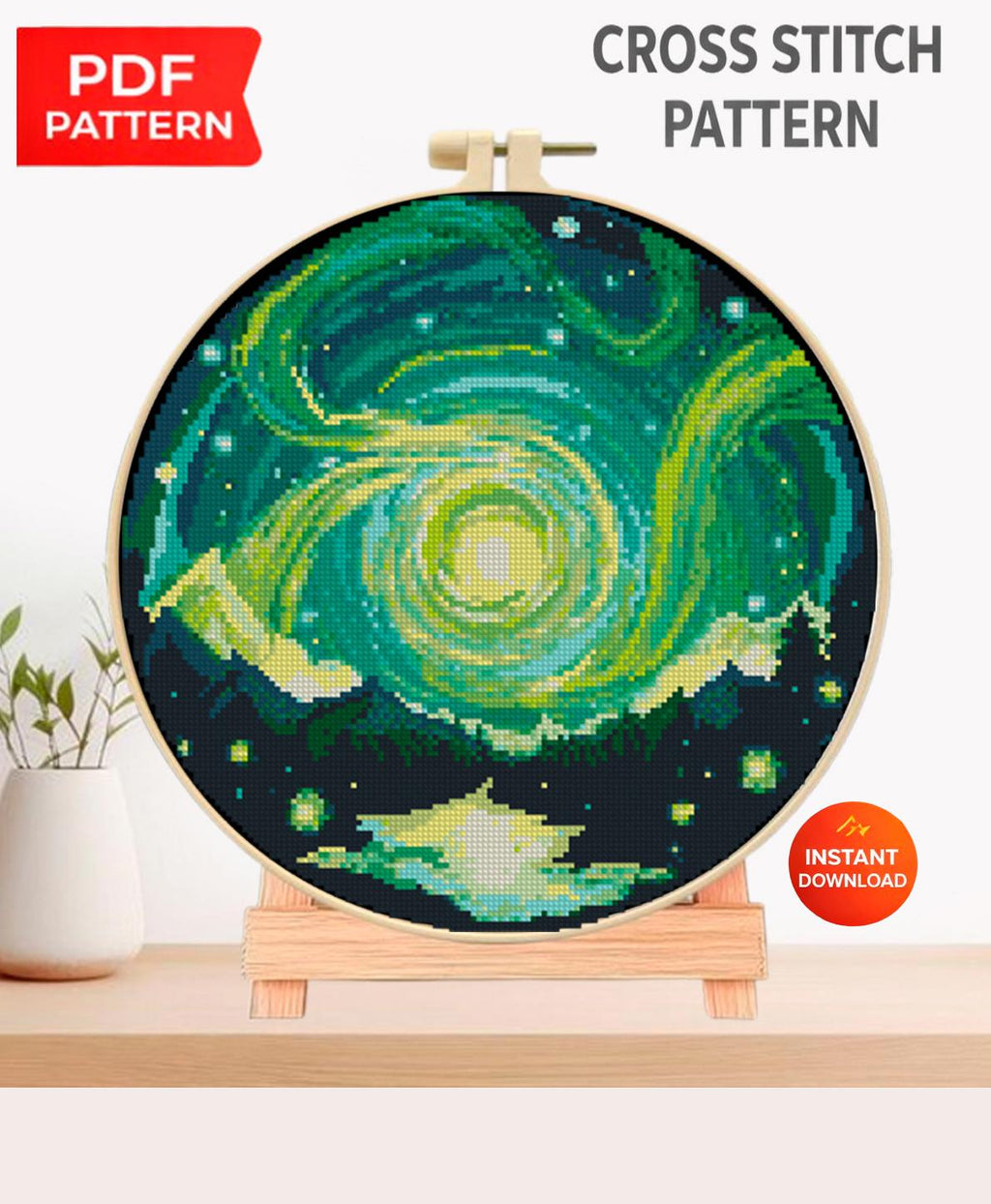 Galaxy Night Sky Cross Stitch Pattern PDF, Cosmic Mountain Landscape Embroidery Design, Celestial Hoop Art Modern Cross Stitch, Download PDF - NuttyHappyHobby
