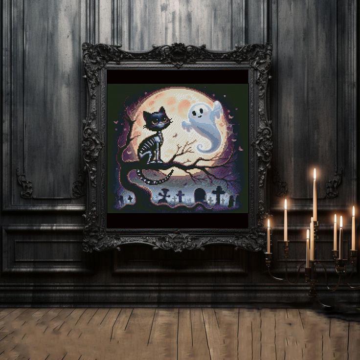 Ghost and Black Cat Cross Stitch Pattern PDF, Halloween Ghost Embroidery Design, Spooky Cat Cross Stitch, Cute Halloween Decor, Download - NuttyHappyHobby