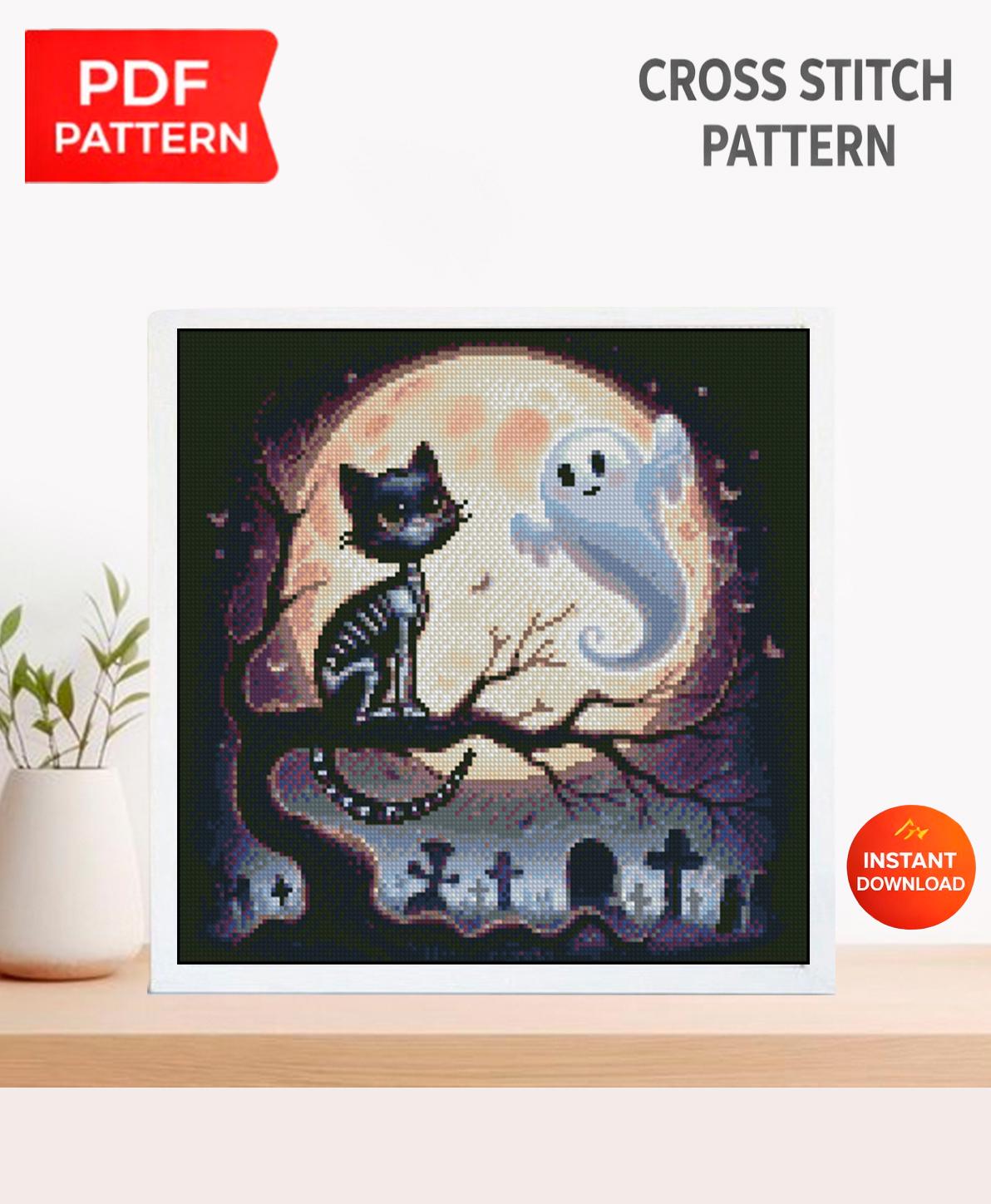 Ghost and Black Cat Cross Stitch Pattern PDF, Halloween Ghost Embroidery Design, Spooky Cat Cross Stitch, Cute Halloween Decor, Download - NuttyHappyHobby