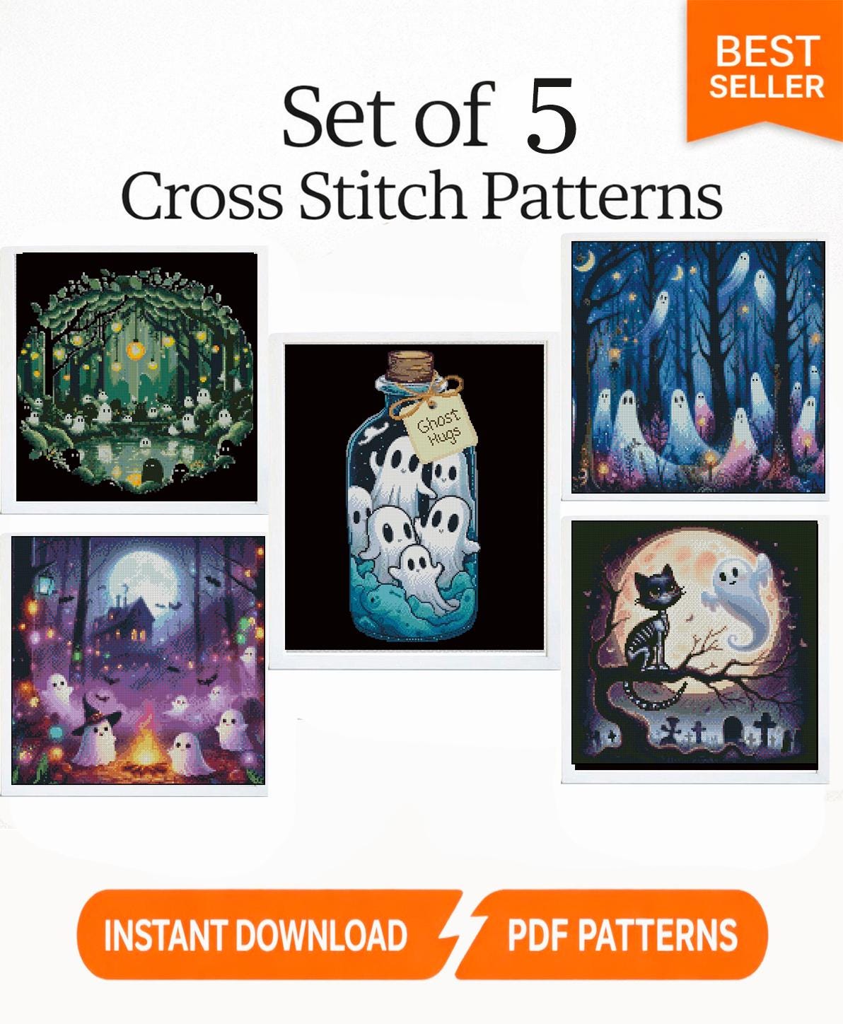Ghost Cross Stitch Pattern Set of 5, Halloween Cute Ghost PDF Bundle, Spooky Forest Gothic Designs, Modern Embroidery Chart,Instant Download - NuttyHappyHobby