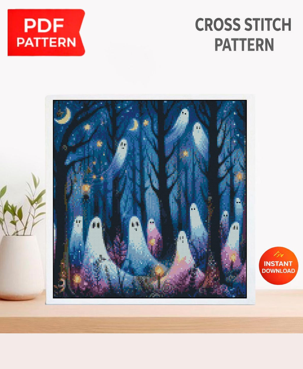 Ghost Forest Cross Stitch Pattern PDF, Halloween Ghost Embroidery Design, Spooky Forest Cross Stitch, Gothic Halloween Decor, Download - NuttyHappyHobby