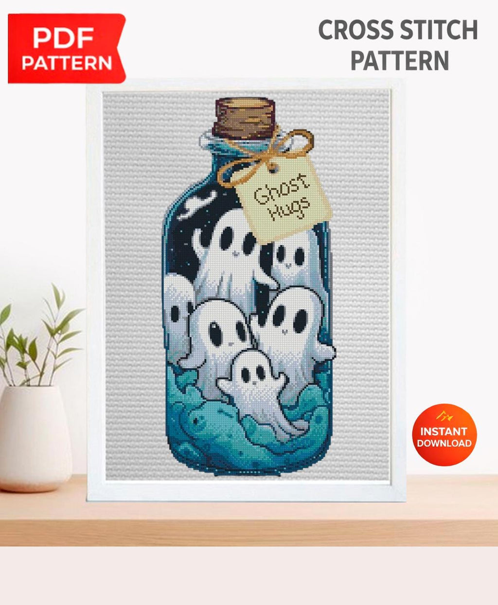 Ghost Jar Cross Stitch Pattern PDF, Halloween Ghost Embroidery Design, Spooky Potion Bottle Cross Stitch, Witchy Halloween Decor, Download - NuttyHappyHobby