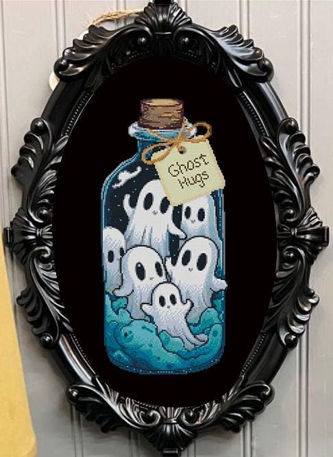 Ghost Jar Cross Stitch Pattern PDF, Halloween Ghost Embroidery Design, Spooky Potion Bottle Cross Stitch, Witchy Halloween Decor, Download - NuttyHappyHobby