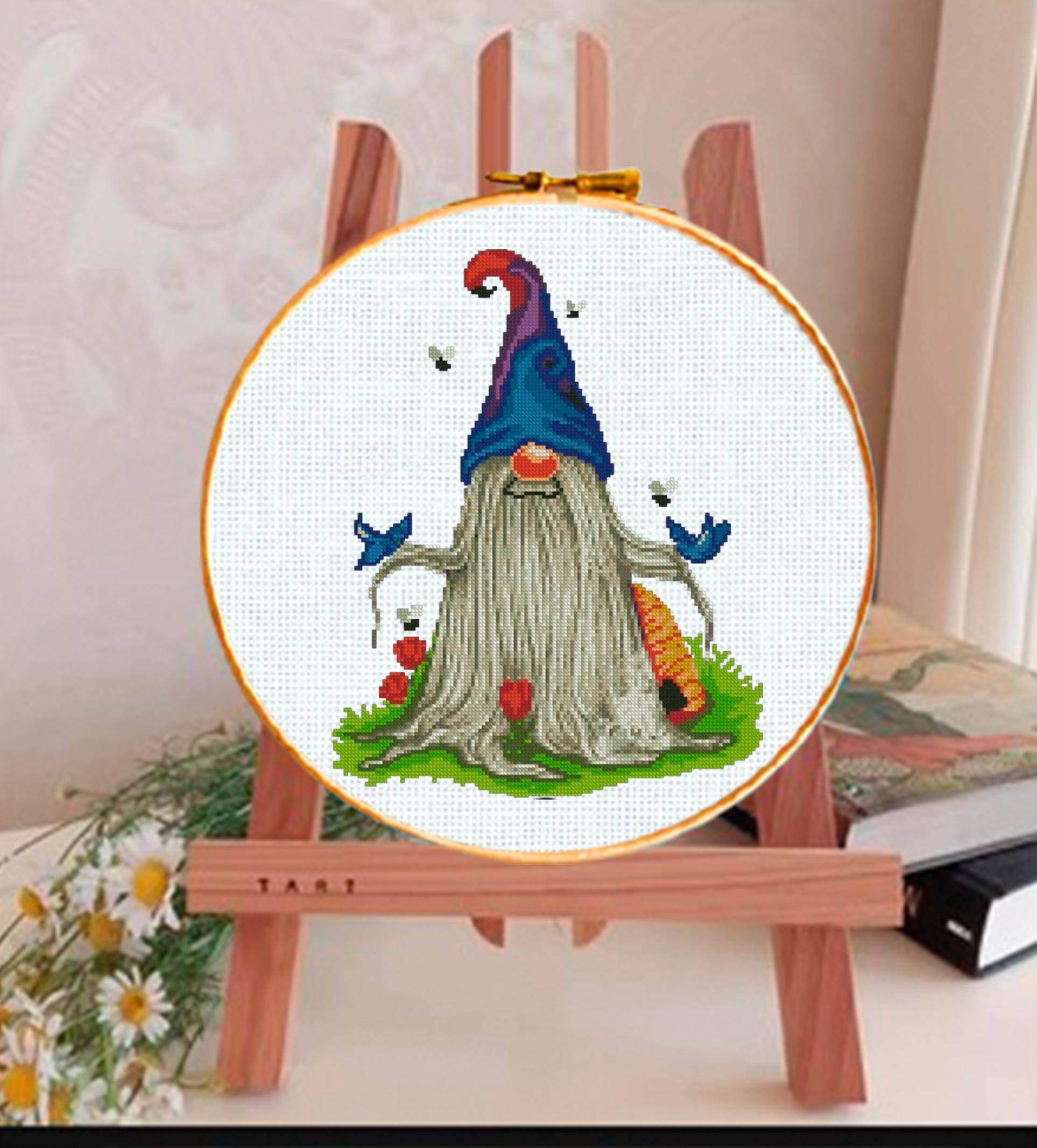 Gnome Cross Stitch Pattern PDF, Fantasy Garden Gnome Embroidery Design, Cute Nordic Gnome Needlework Chart, Whimsical Cross Stitch pattern - NuttyHappyHobby