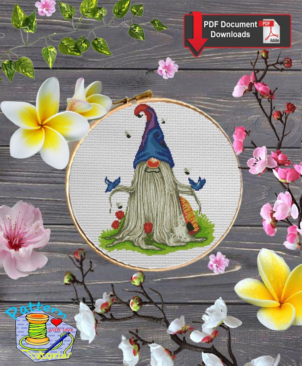 Gnome Cross Stitch Pattern PDF, Fantasy Garden Gnome Embroidery Design, Cute Nordic Gnome Needlework Chart, Whimsical Cross Stitch pattern - NuttyHappyHobby