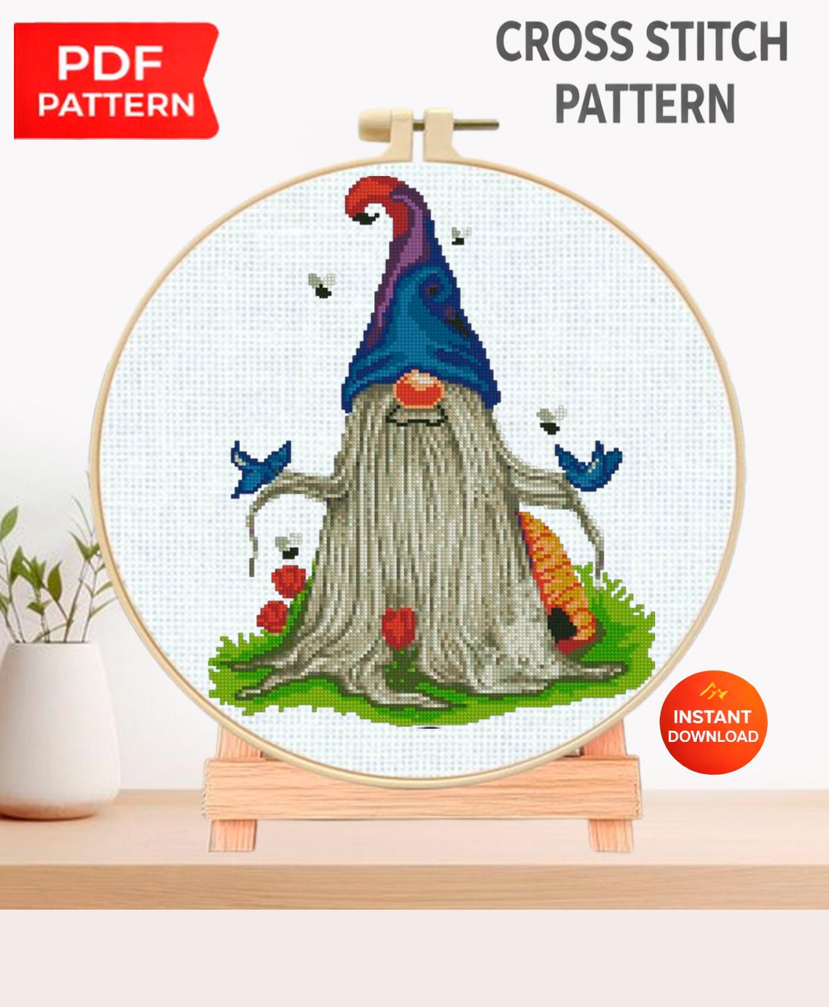 Gnome Cross Stitch Pattern PDF, Fantasy Garden Gnome Embroidery Design, Cute Nordic Gnome Needlework Chart, Whimsical Cross Stitch pattern - NuttyHappyHobby