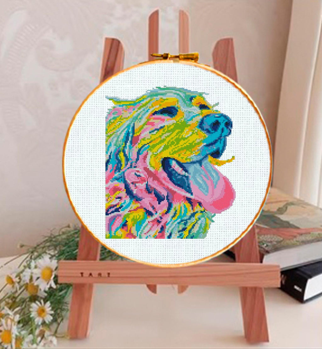 Golden Retriever Cross Stitch Pattern PDF, Colorful Golden Retriever Dog Portrait Embroidery Design, Modern Dog Needlework Chart, Dog Lover - NuttyHappyHobby