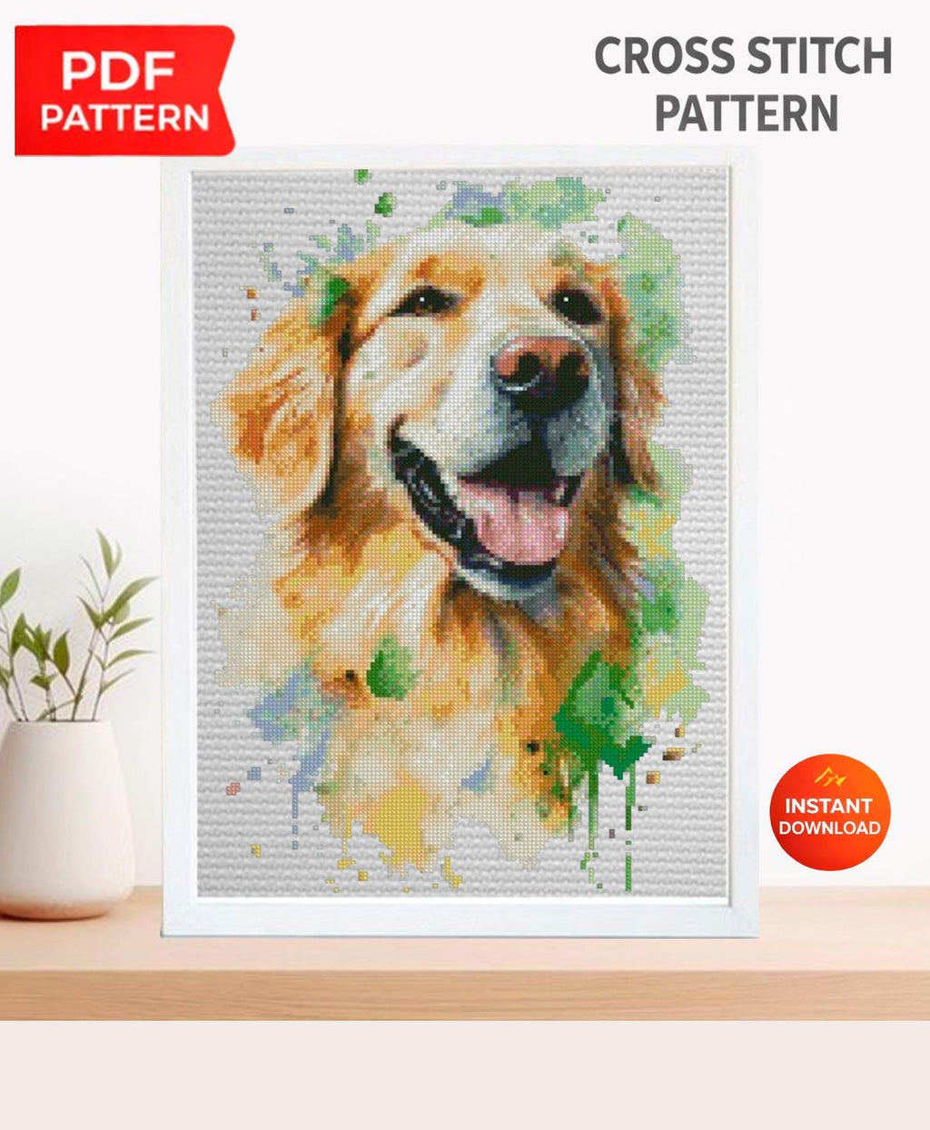 Golden Retriever Cross Stitch Pattern PDF, Dog Portrait Embroidery Design, Golden Retriever Needlework Chart, Dog Lover Gift, Animal Cross - NuttyHappyHobby