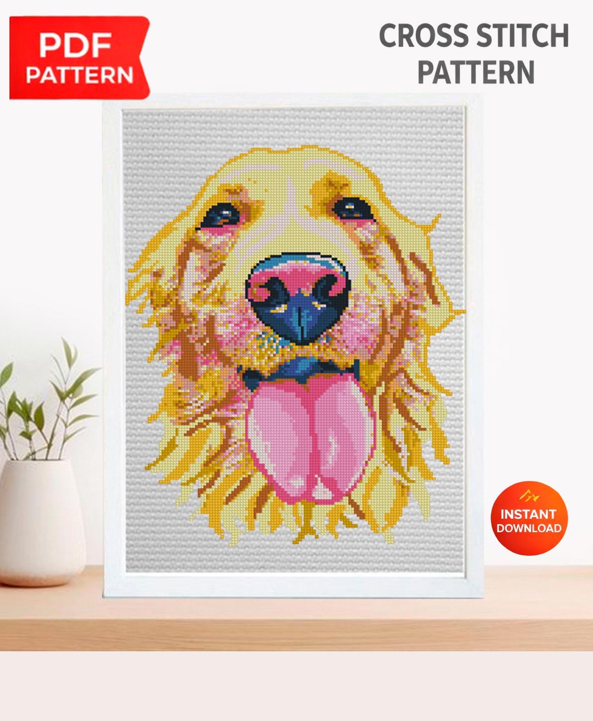 Golden Retriever Cross Stitch Pattern PDF, Golden Retriever Dog Portrait Embroidery Design, Modern Dog Needlework Chart, Dog Lover Gift - NuttyHappyHobby